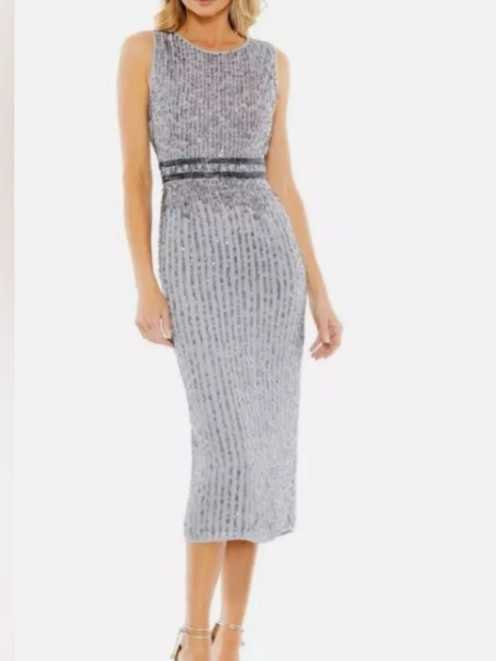 Mac Duggal 10509 Sleeveless High Neck Beaded Midi Sheath Dress Platinum size 0